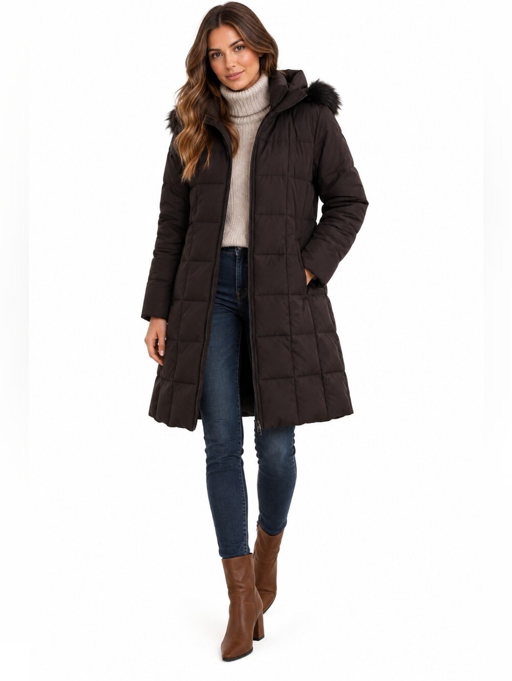 Women's Michael Kors Brown Puffer Coat with Faux Fur Hood M